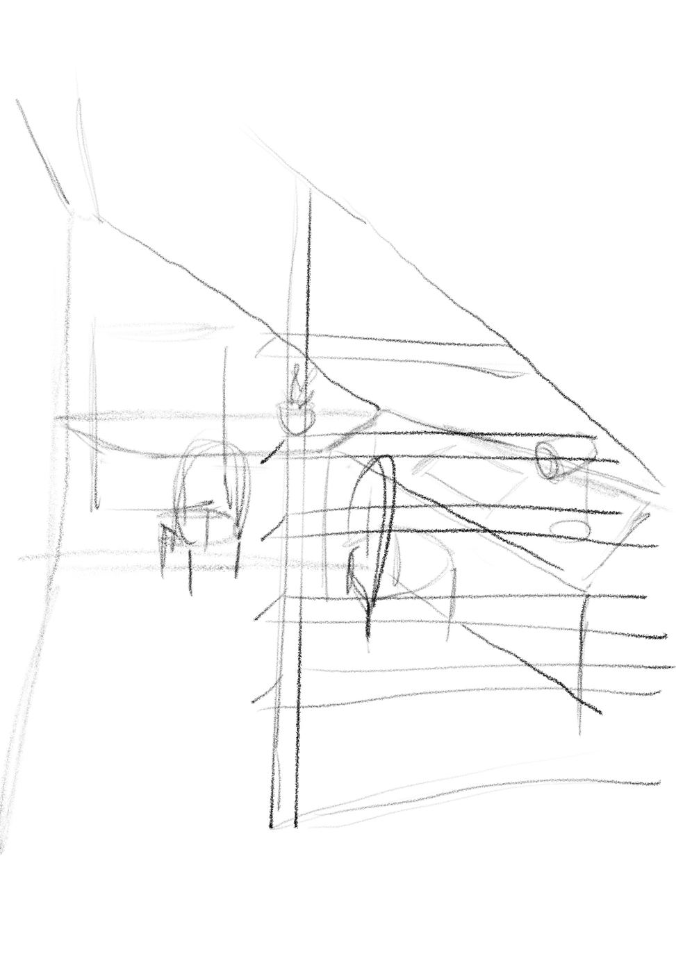Pencil sketch of shelves fitted under the slope of the roof