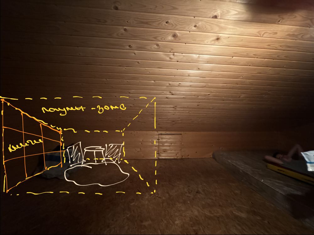 The lounge zone sketched over a photo of the loft