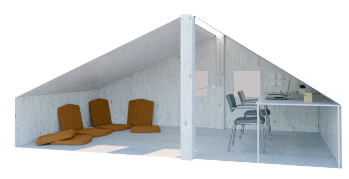 3D render of the plan: floor cushions on one side, a desk behind glass on the other