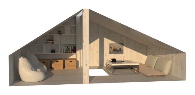 3D render of the plan: a bean bag and shelves on one side, a low table and floor cushions on the other