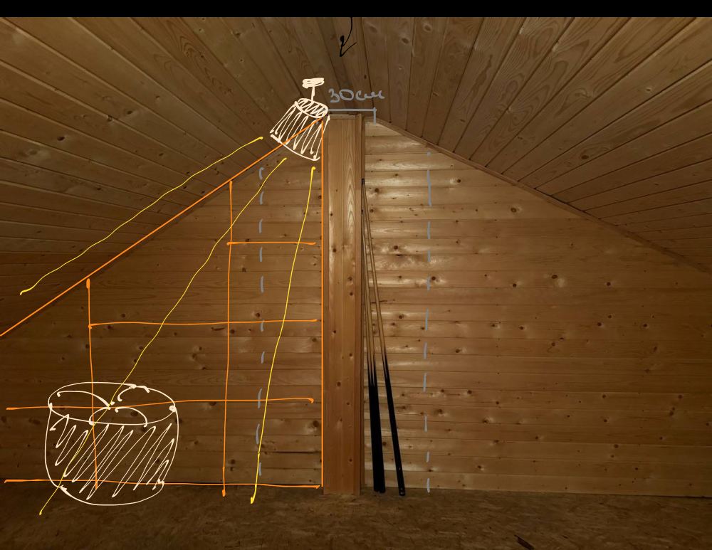 Shelves and a hanging lamp drawn onto the slope of the roof