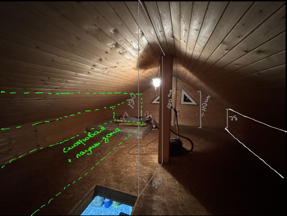 A photo of the bare loft marked up with the planned sleeping and lounge zones