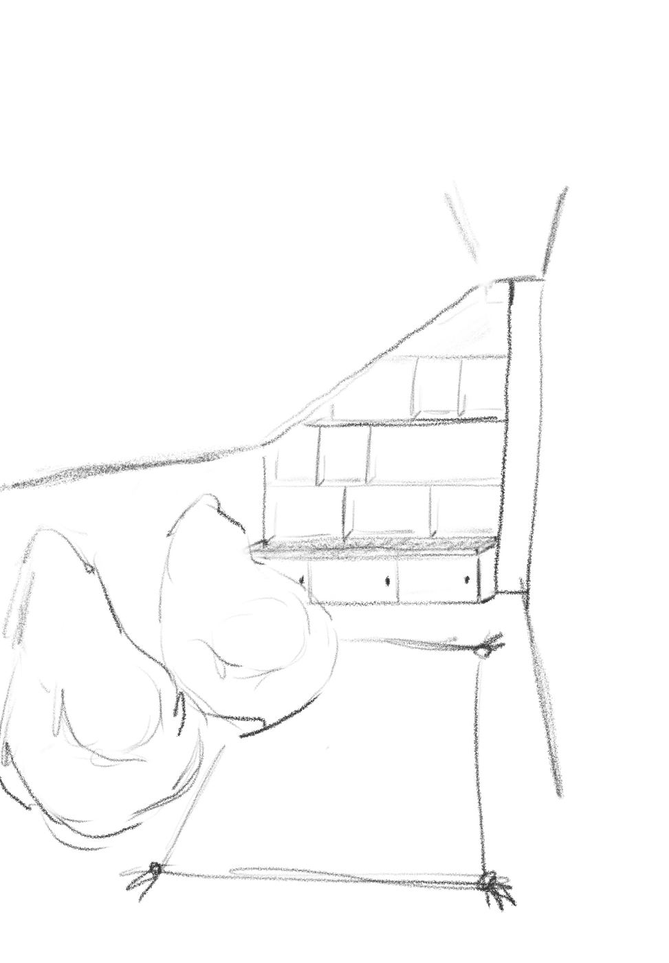 Pencil sketch of the reading corner: bean bags and shelves under the slope